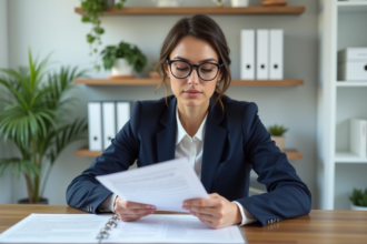 Femme en blazer navy lisant des documents dans un bureau lumineux