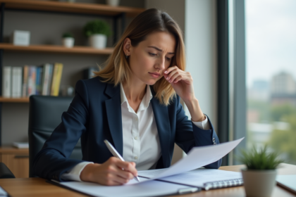 Femme professionnelle en bureau moderne pour article sur prêt immobilier