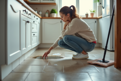 Femme examinant une flaque d'eau dans la cuisine moderne