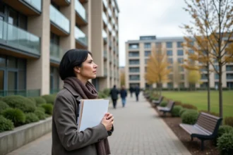 Femme devant un immeuble social renové avec documents