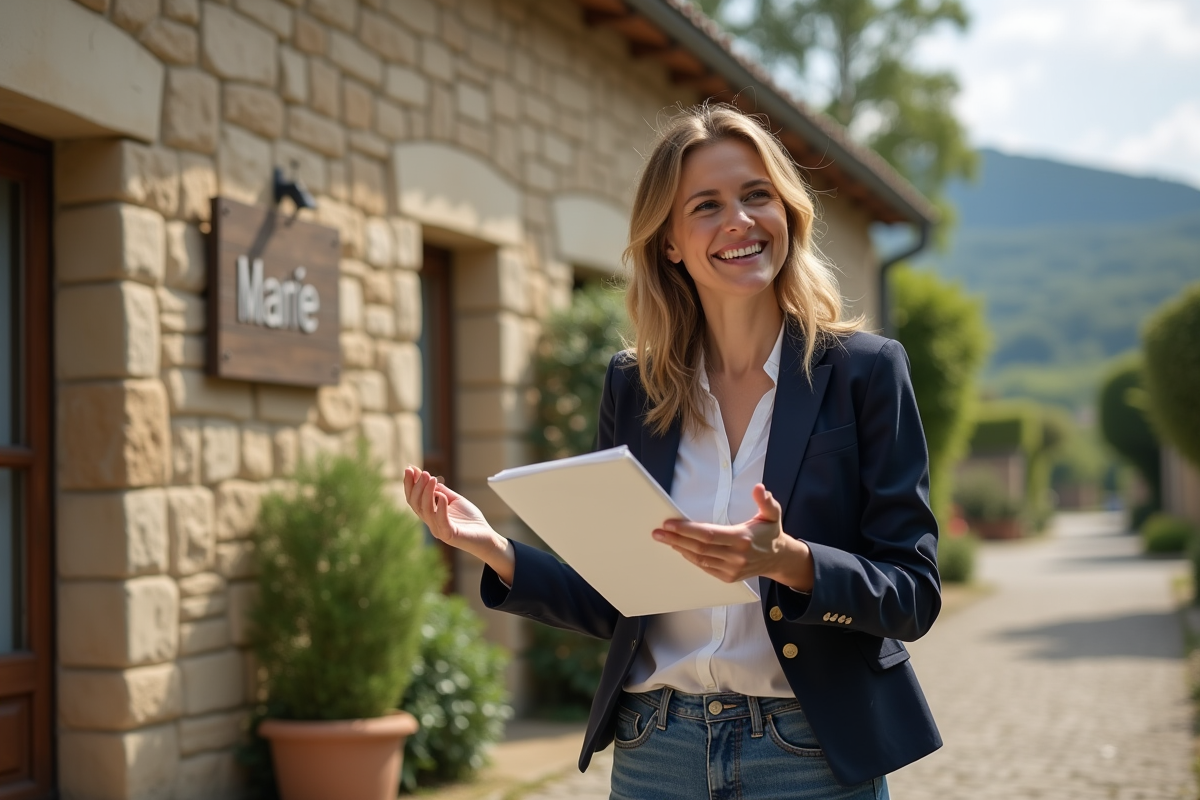 Femme souriante devant une mairie rurale en France