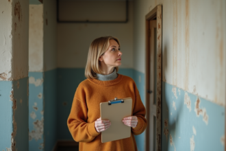 Femme d'âge moyen dans un couloir en rénovation