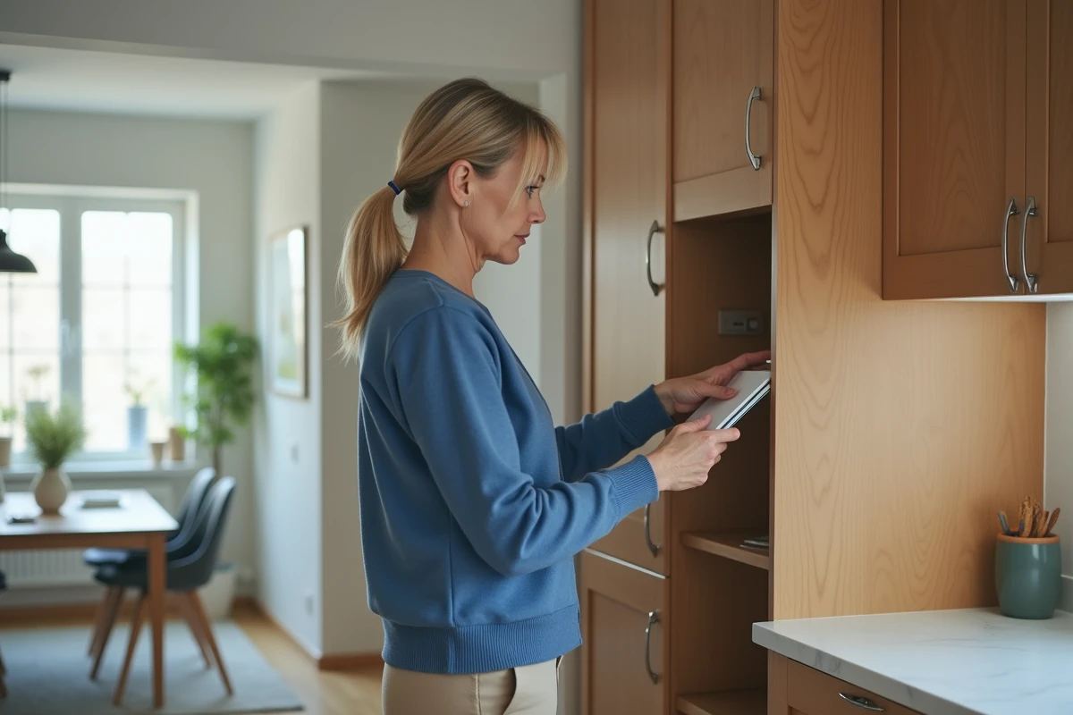 Femme examinant une porte de cuisine cassée dans un appartement