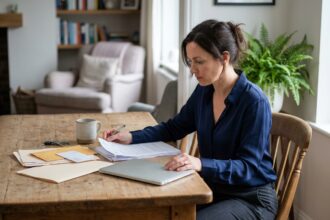 Femme concentrée examinant des documents dans un salon chaleureux