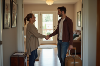 Femme accueillante serrant la main d'un jeune homme à la porte