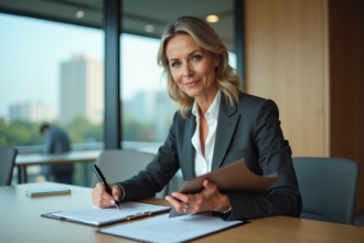 Femme d affaires signant un contrat dans un bureau moderne