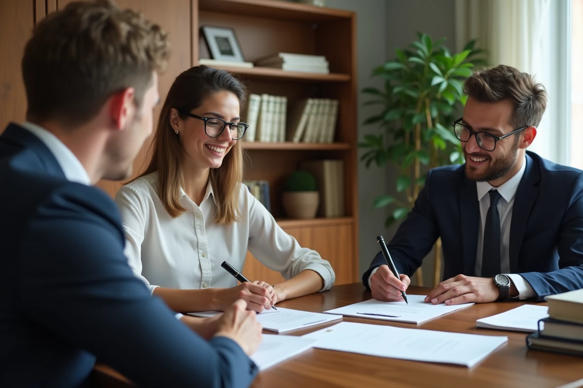 Femme signant un document chez le notaire dans un bureau clair