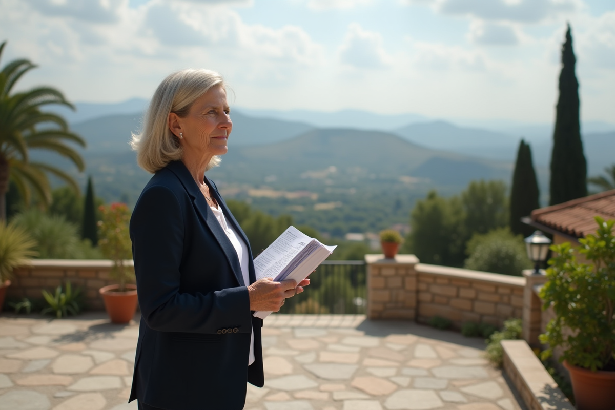 Femme d age moyen regardant l horizon avec guide d impots sur terrasse