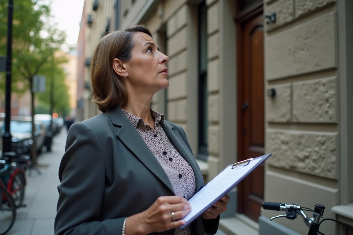 Femme regardant un immeuble de location en ville avec un clipboard