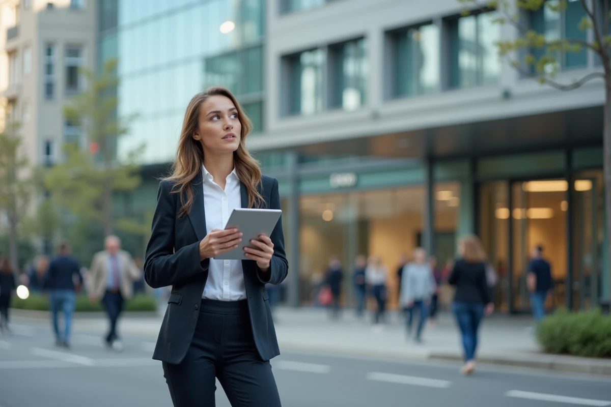 Jeune femme regardant un bâtiment à Courbevoie avec tablette