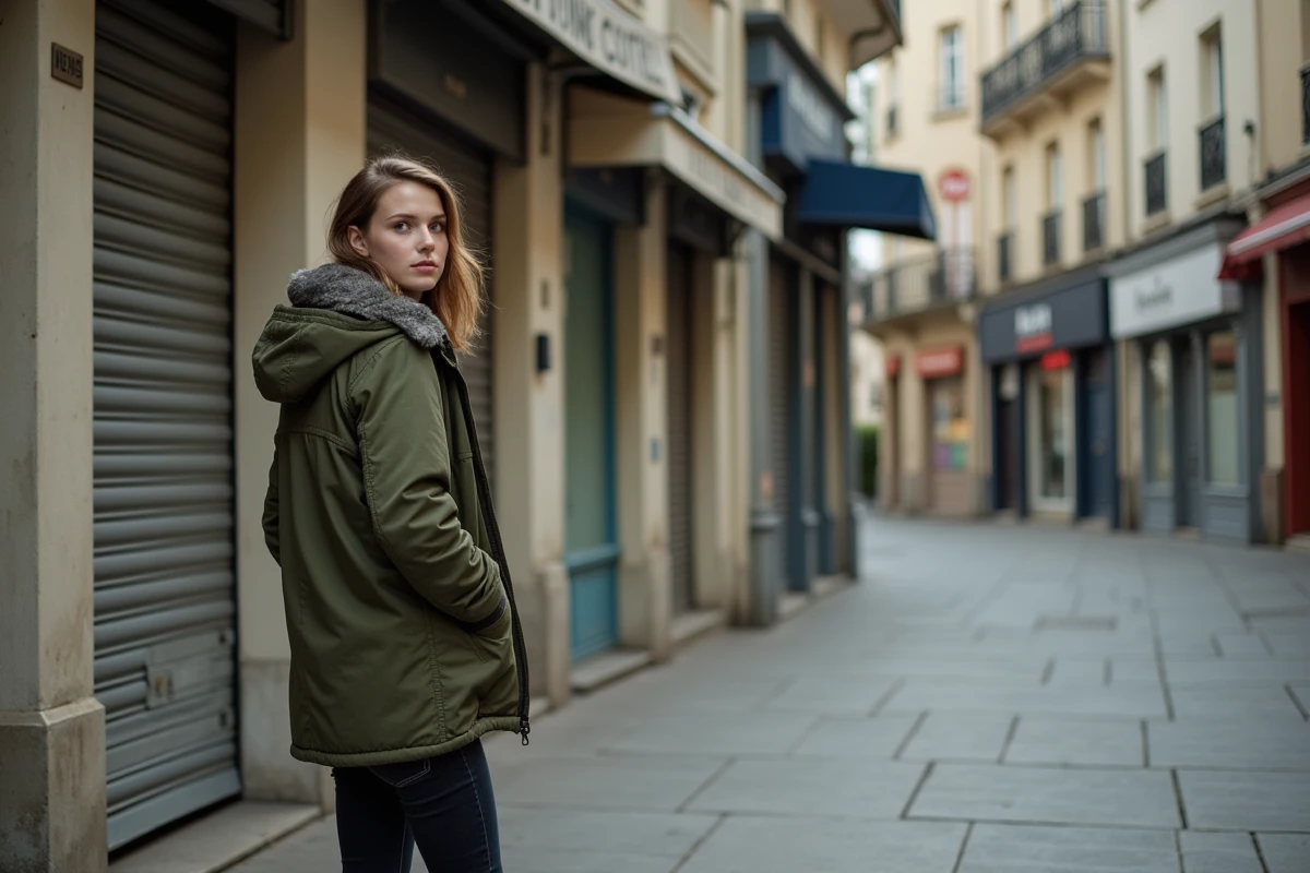 Jeune femme regardant des boutiques fermées dans un vieux quartier