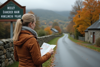 Femme examinant un panneau dans un village rural en automne