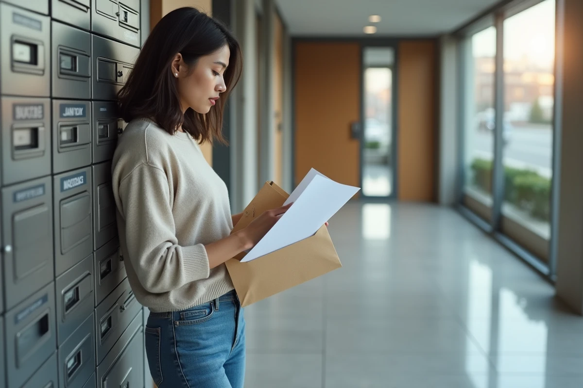 Jeune femme vérifie une enveloppe de location près de boîtes aux lettres