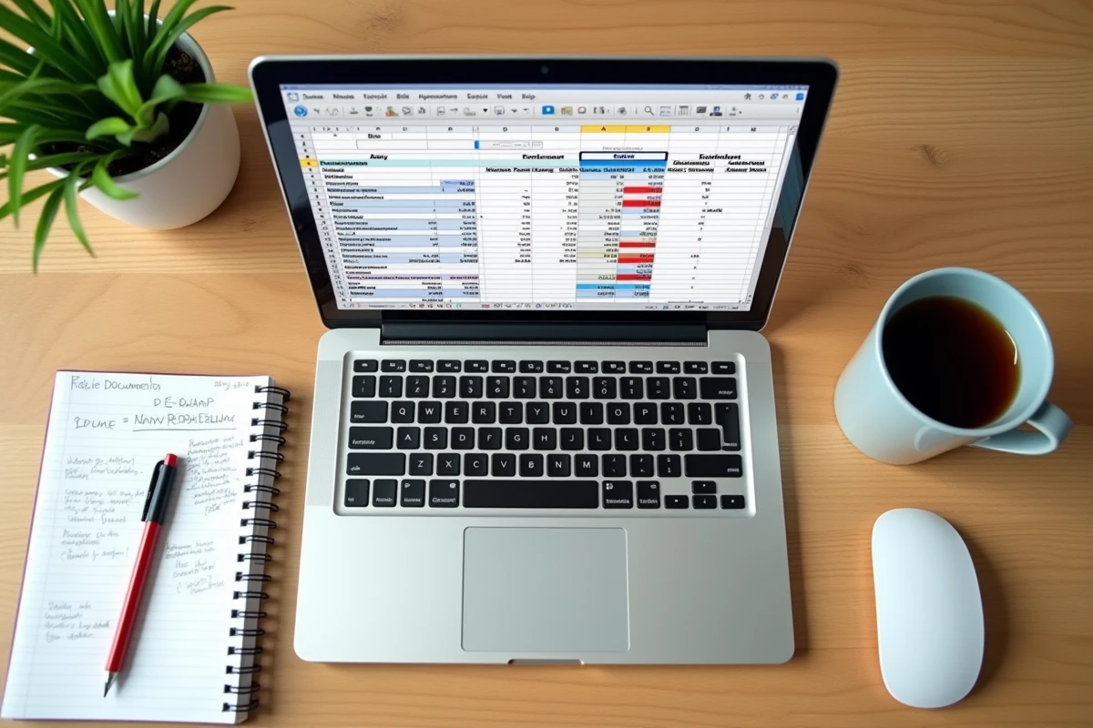 Vue aérienne d'un bureau avec un simulateur viager ouvert sur Excel, des notes fiscales manuscrites et des documents de rente
