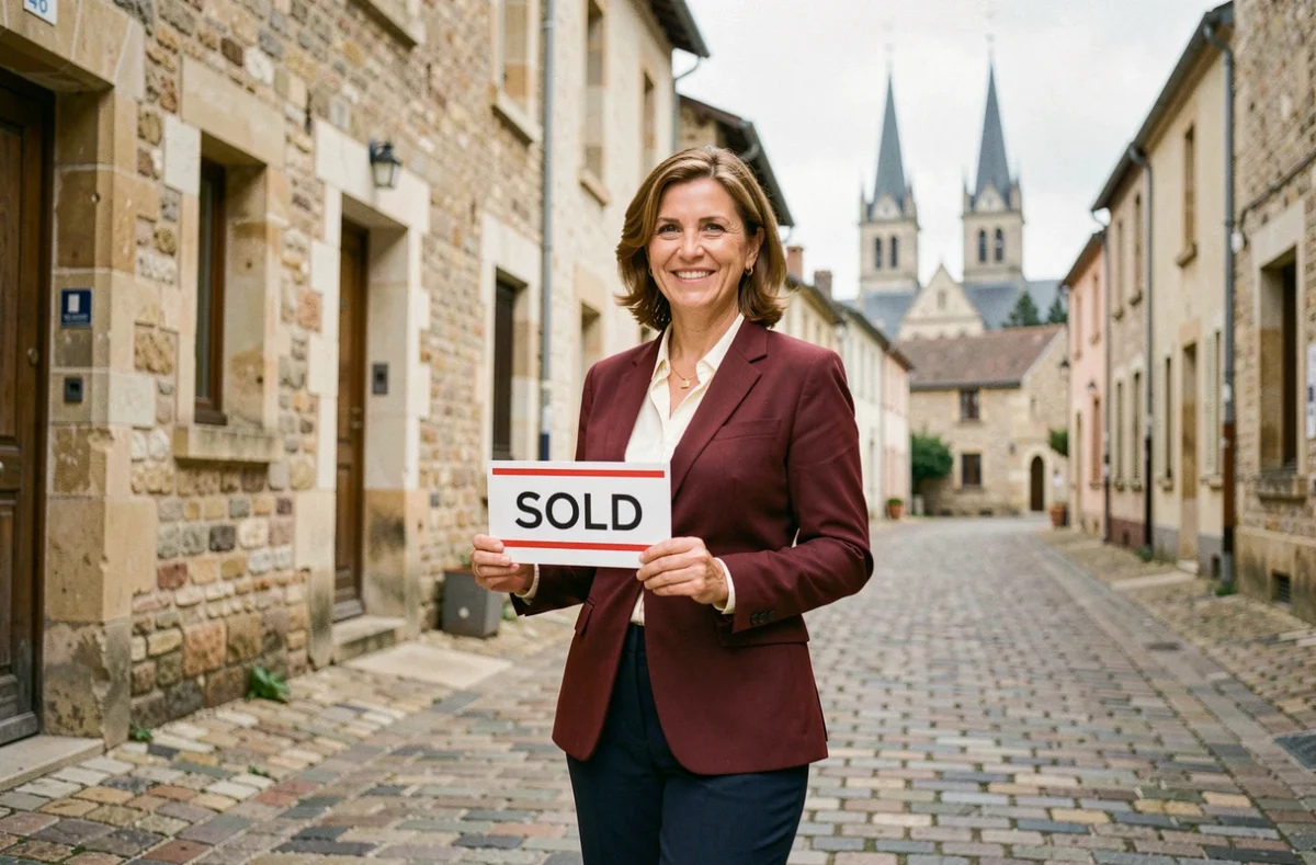 Agente immobilière de Foncia Transaction Lisieux tenant un panneau vendu devant une bâtisse en pierre normande