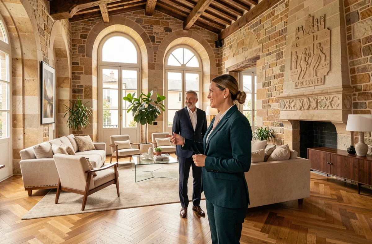 Consultante de Garden State Ghitti Immobilier faisant visiter un appartement de prestige aux murs en pierre de Bourgogne rénovés avec parquet en chevrons à Dijon