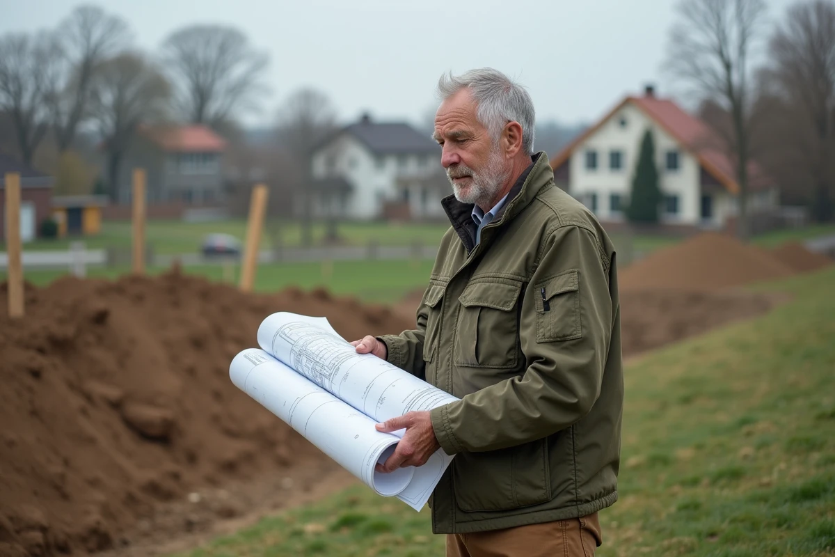 Géomètre sur un terrain en pente comparant un plan de coupe avec le paysage réel lors d'un relevé de chantier