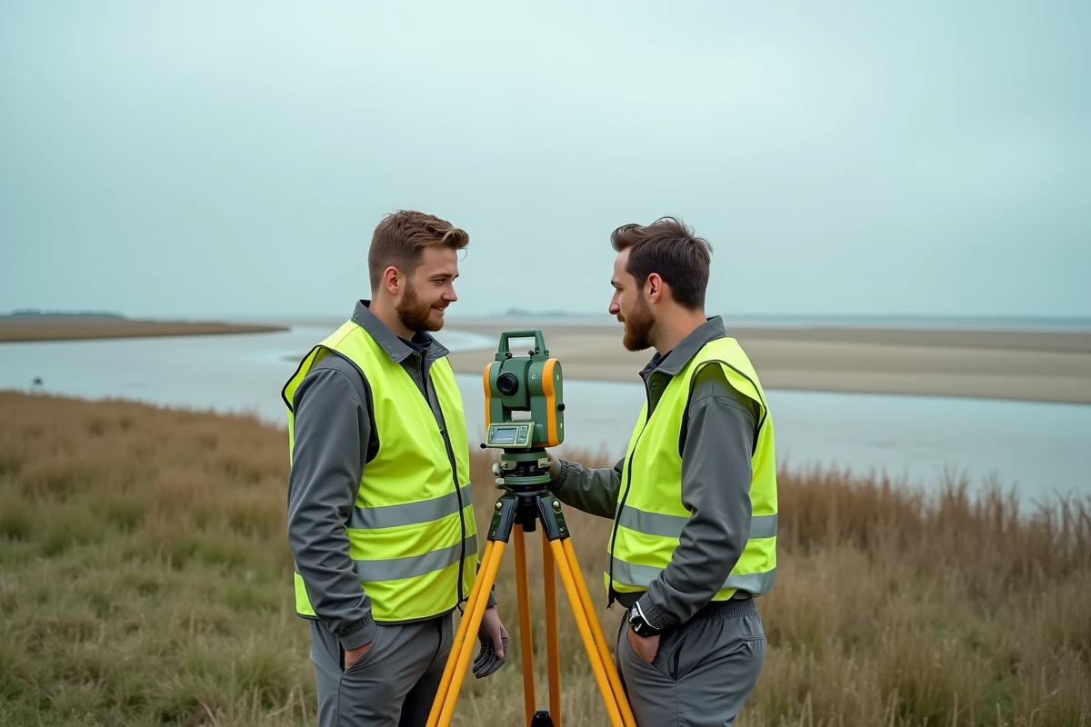 Deux géomètres utilisant un théodolite dans une zone humide côtière lors d'un relevé topographique en zone naturelle protégée