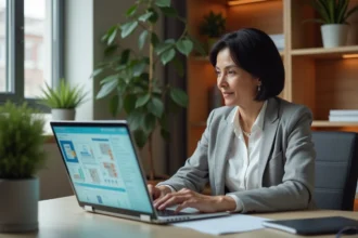 Propriétaire consultant son application de gestion locative sur ordinateur portable dans un bureau à domicile moderne