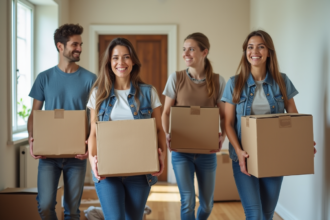 Groupe de quatre personnes souriantes lors d'un déménagement dans un appartement