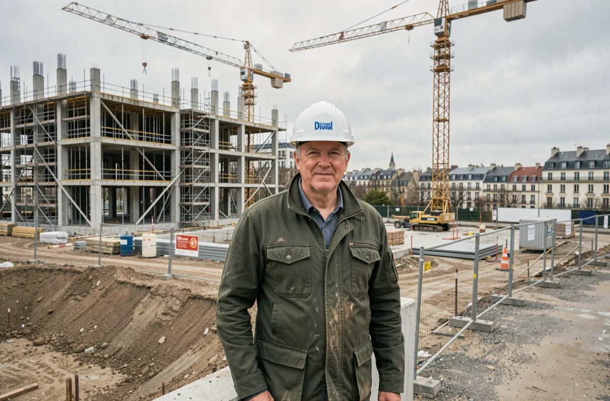 Directeur de projet du Groupe Duval en casque de chantier sur un grand site de construction immobilière avec grues et structures en béton en Bourgogne