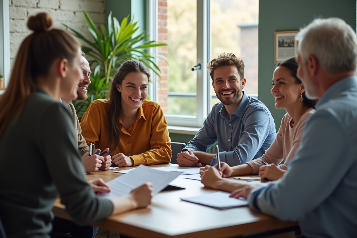 Groupe de locataires discutant avec un agent dans une agence de location