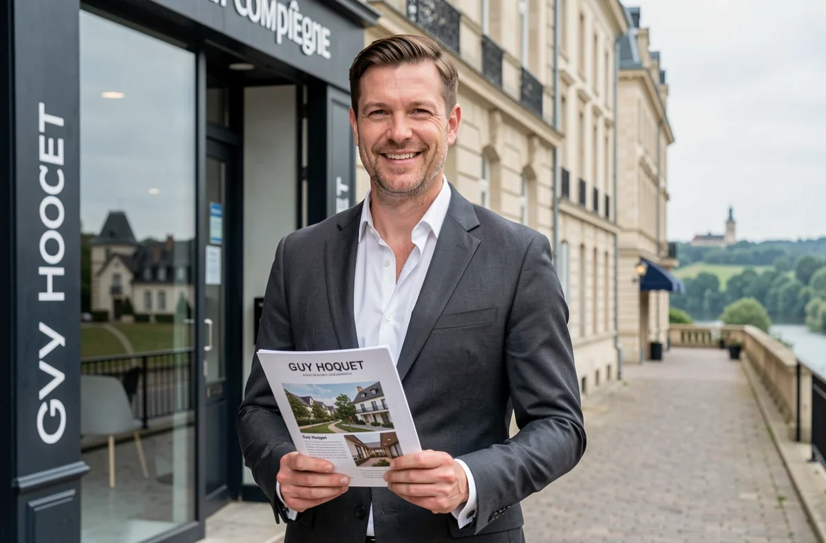 Un conseiller Guy Hoquet l'Immobilier devant son agence de Compiègne avec la ville en arrière-plan