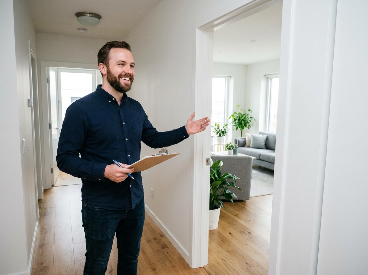 Homme accueillant dans un couloir moderne avec porte ouverte