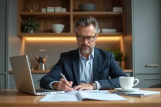 Homme d'affaires en costume calculant des frais de notaire à la maison