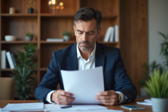Homme d'affaires examinant des documents dans un bureau