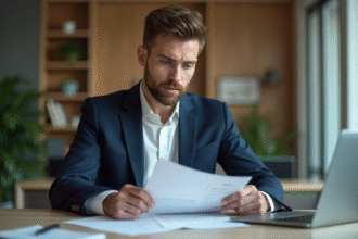 Jeune homme d'affaires en costume vérifiant des documents de prêt