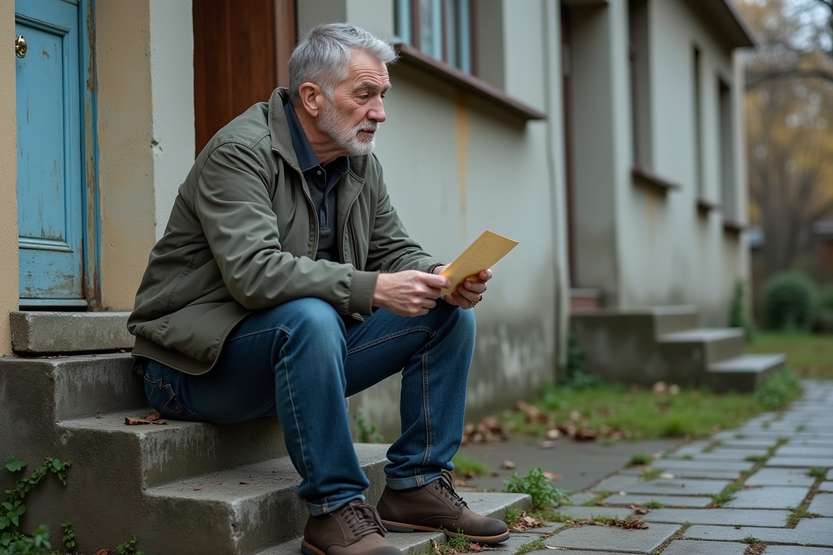 Homme âgé assis devant une façade négligée