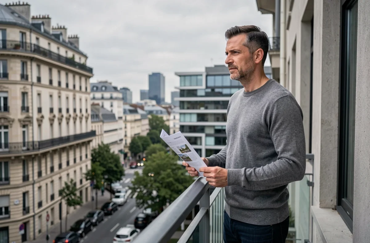 Un homme tenant une brochure immobilière sur un balcon urbain, réfléchissant aux nouvelles règles de la location-vente en 2026