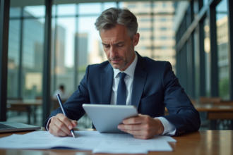 Homme en costume dans une banque moderne lisant des documents