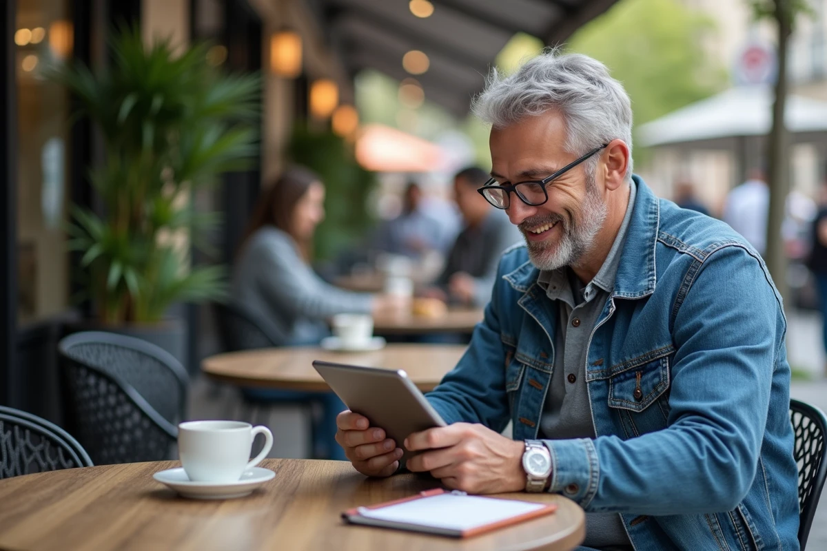 Homme détendu utilisant une tablette dans un café urbain