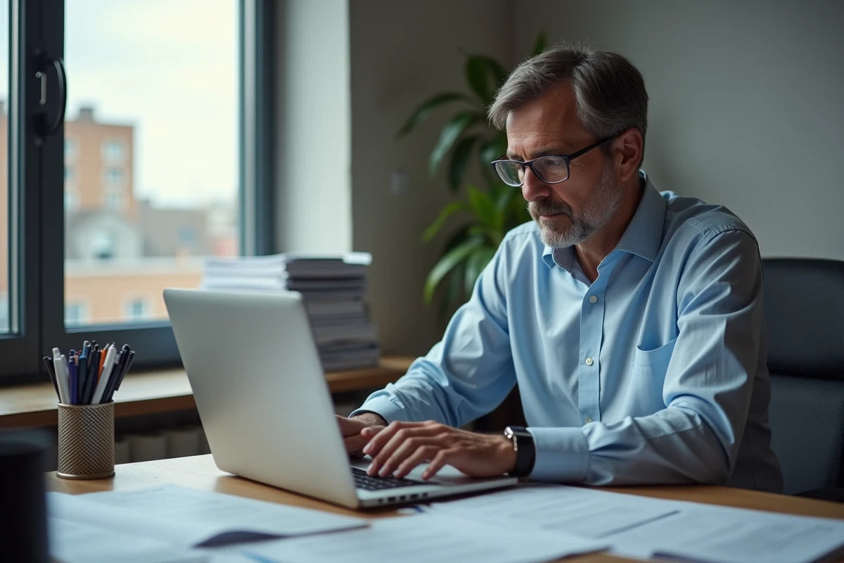 Homme étudiant des documents de régulation de loyer au bureau