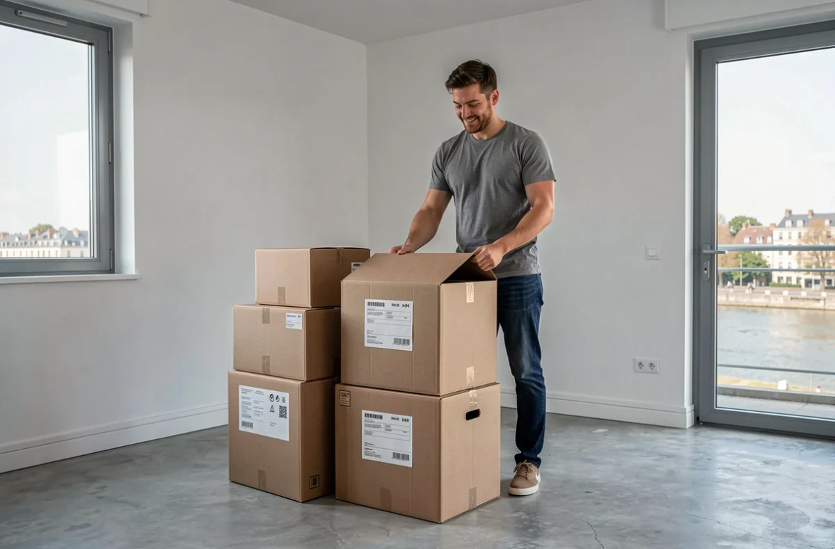 Homme emballant des cartons dans un appartement vide à Lyon lors d'un déménagement organisé