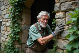 Homme âgé nettoyant la façade du château abandonné