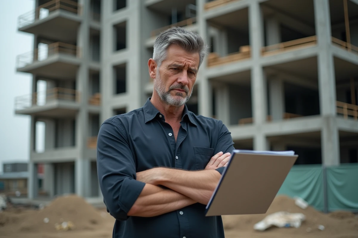 Homme soucieux devant un chantier immobilier abandonné tenant un document de promotion