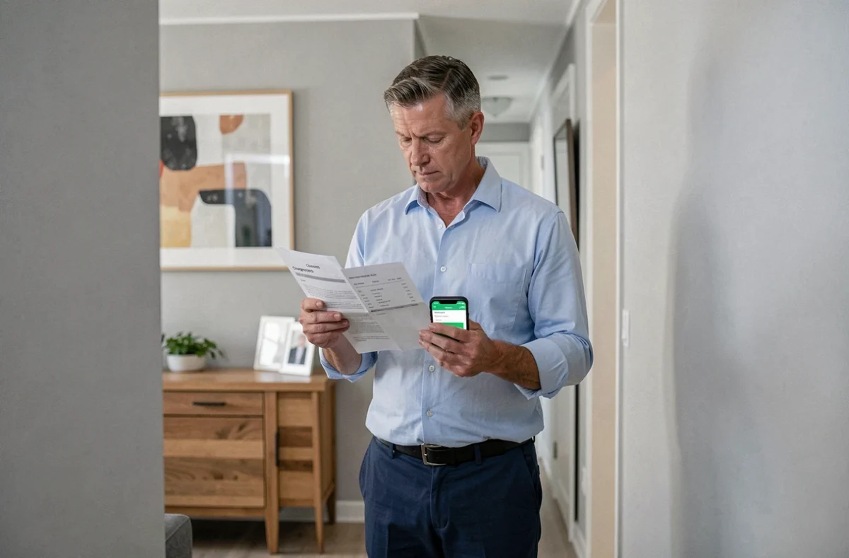 Homme copropriétaire consultant ses charges et relevés de copropriété sur smartphone et document imprimé dans un couloir d'appartement moderne