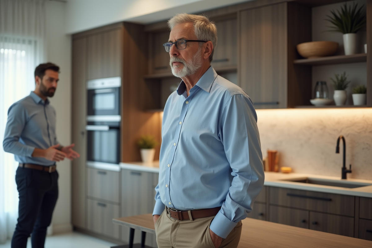 Homme évaluant une cuisine moderne dans un appartement locatif