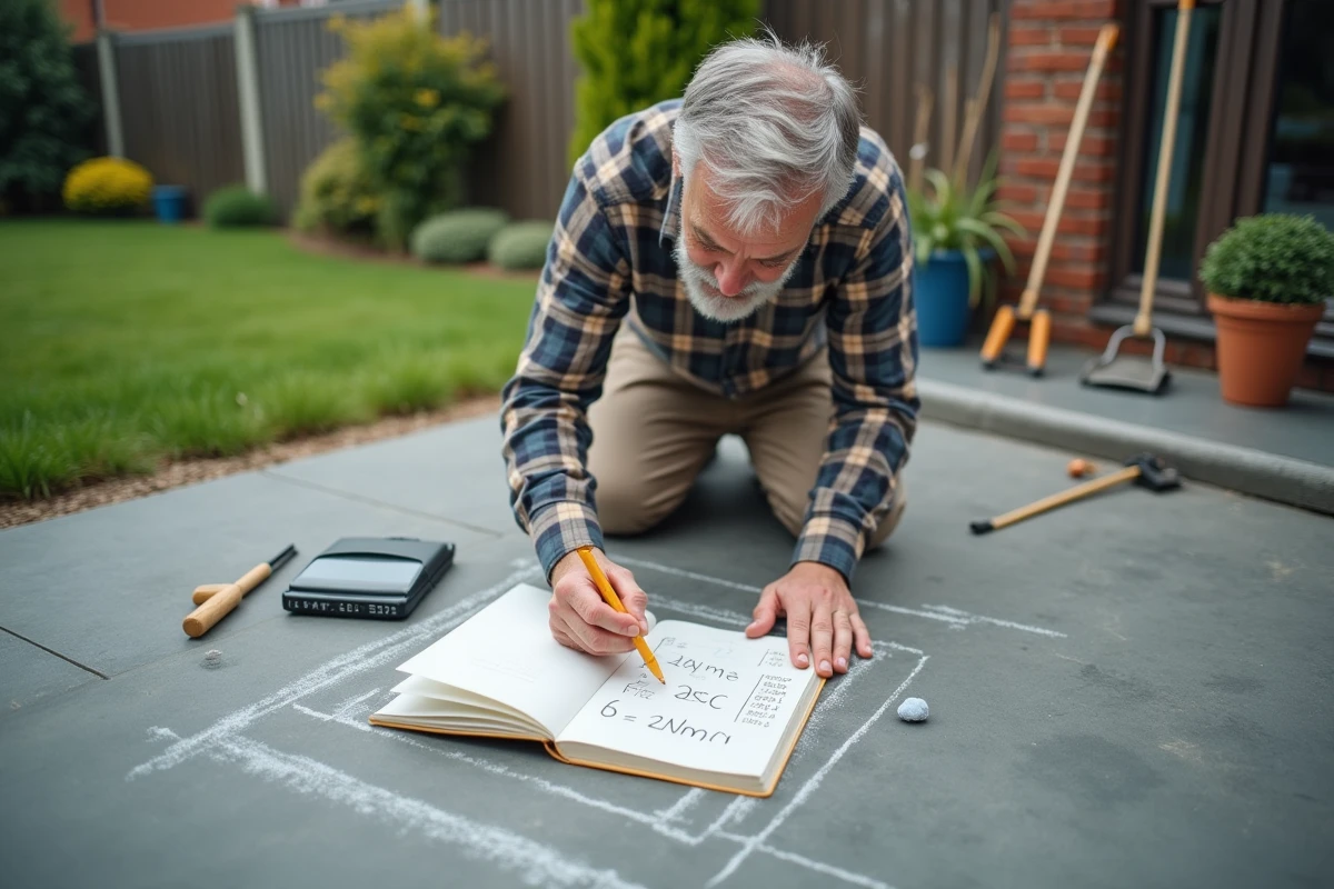 Homme trace un carré avec des craies sur le patio