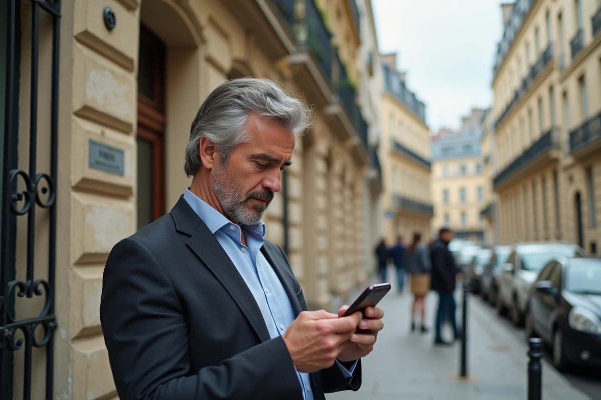 Homme vérifiant annonces immobilières devant immeuble parisien