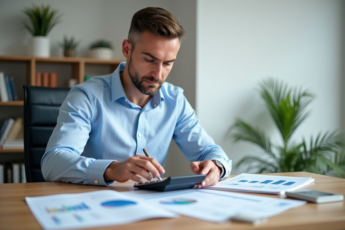 Homme d'âge moyen en costume bleu analyse documents immobiliers