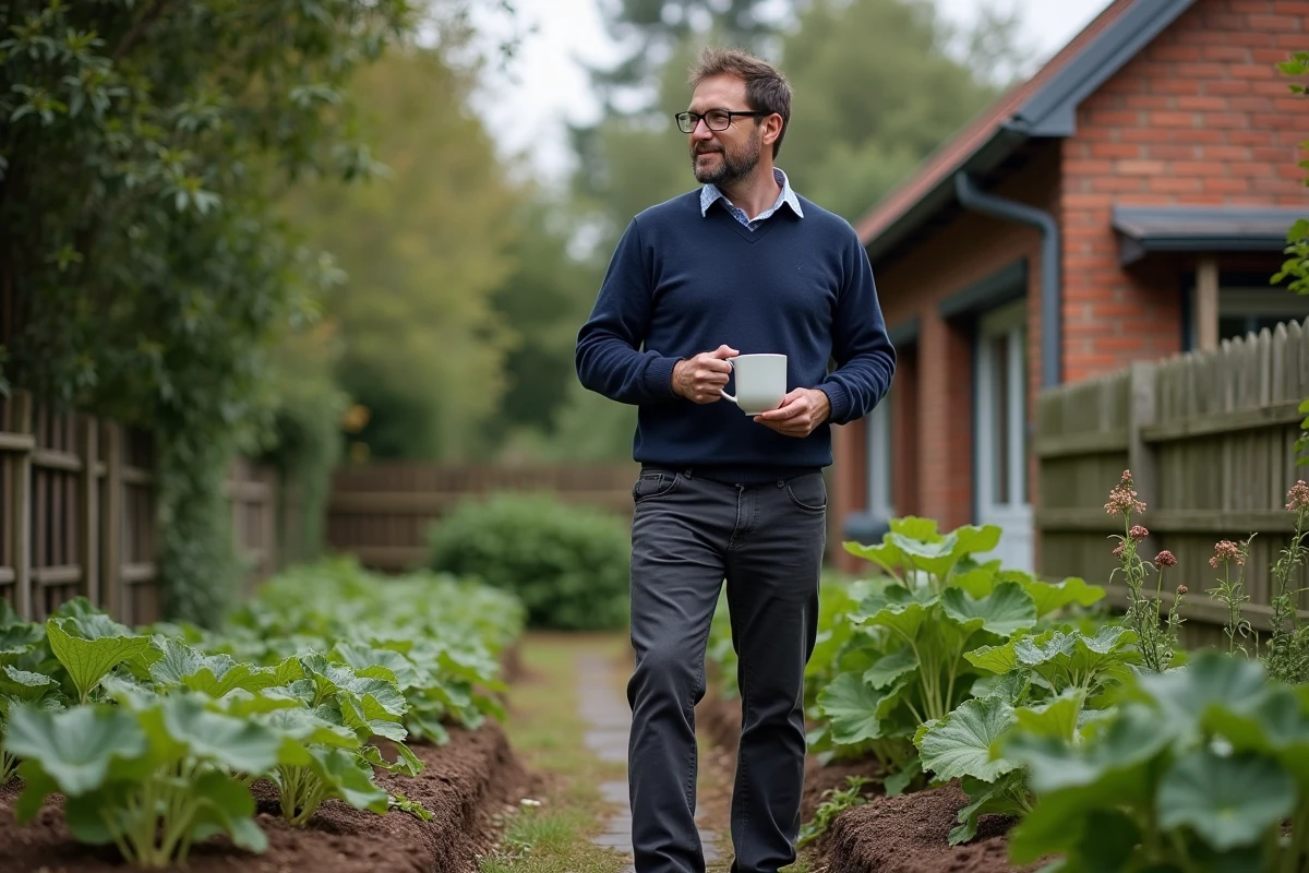 Homme profitant du jardin d'une petite maison de campagne en location dans le département de l'Eure