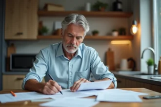 Homme mature lit un contrat de location dans une cuisine moderne