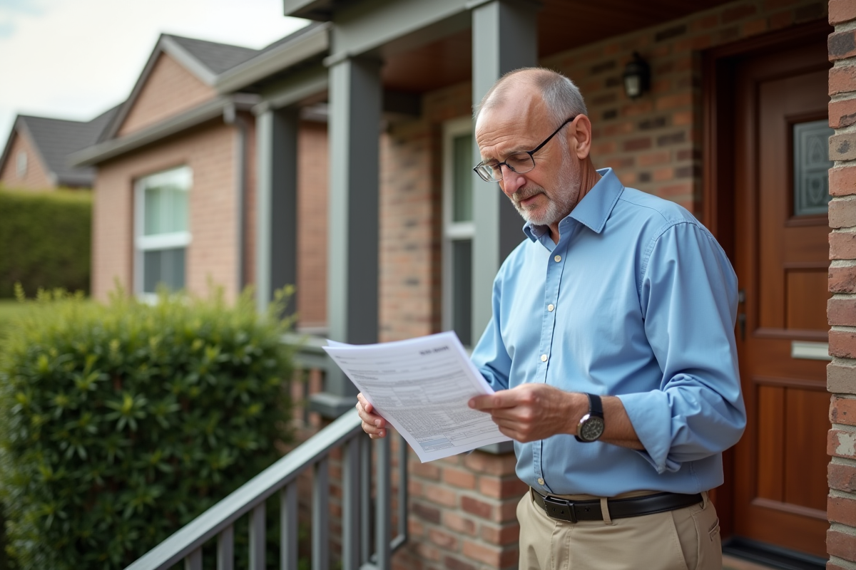 Homme lisant une déclaration de prêt immobilier devant sa maison