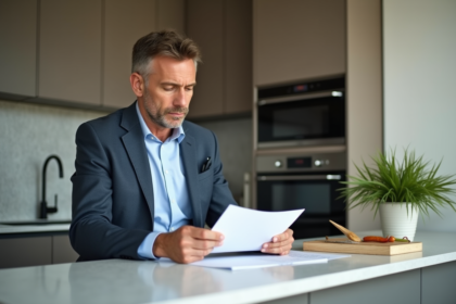 Homme d'âge moyen examinant des documents immobiliers dans une cuisine lumineuse