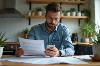 Homme concentré vérifiant documents de location dans une cuisine lumineuse