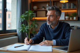 Homme pensif avec papiers et ordinateur dans une cuisine urbaine